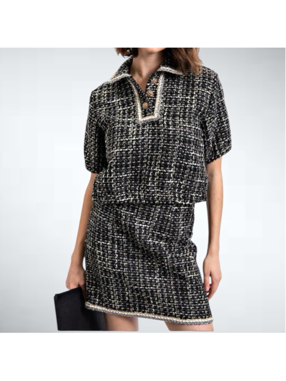 Easel Tweed Top and Mini Skirt Set in Black Size S